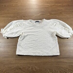 Zara Women's S Cream Textured Puff Sleeve Cropped Knit Top Minimalist Feminine